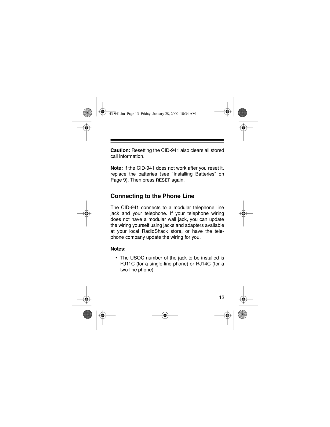 Radio Shack CID-941 owner manual Connecting to the Phone Line 