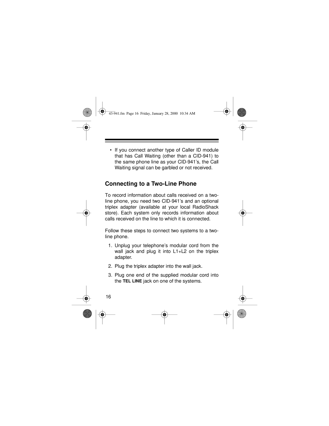 Radio Shack CID-941 owner manual Connecting to a Two-Line Phone 