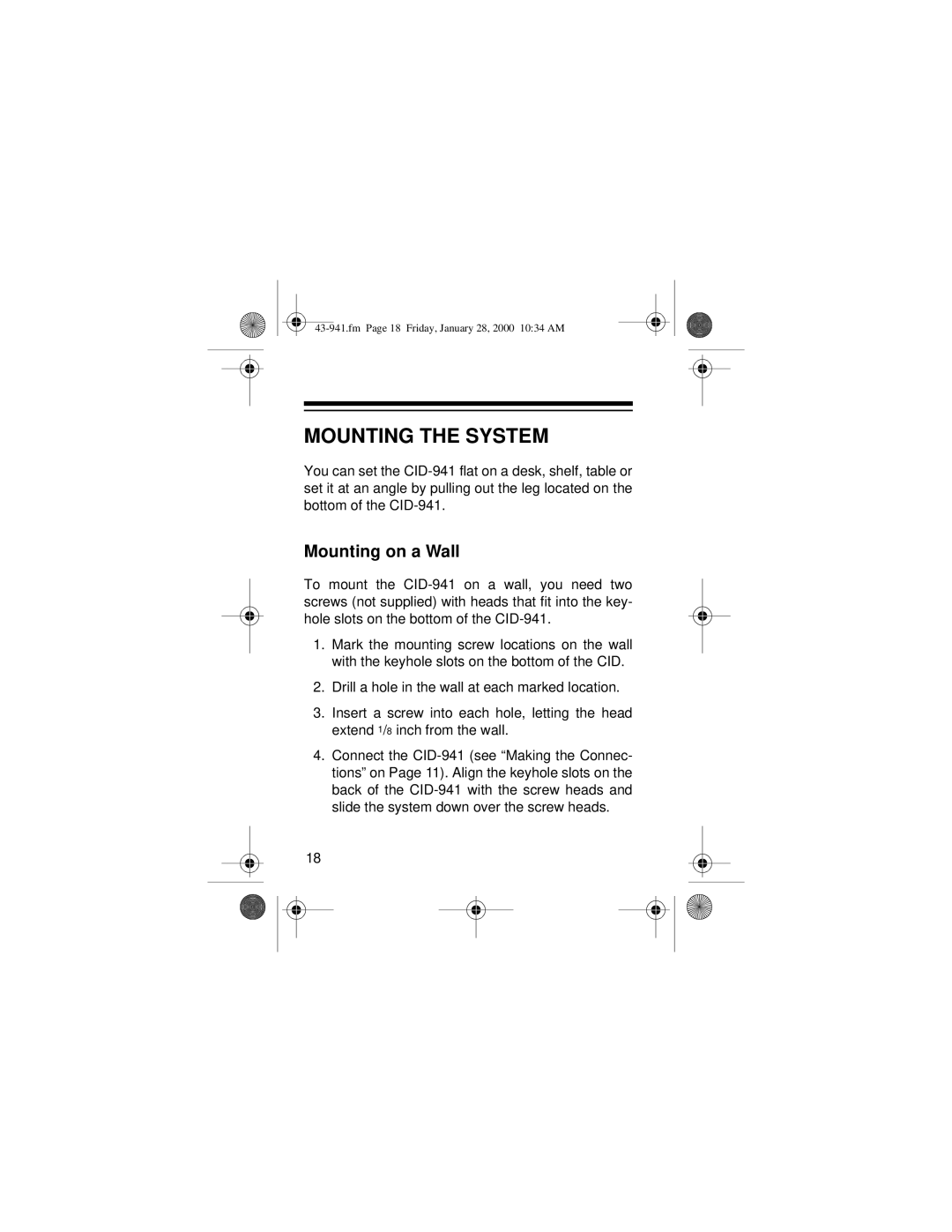 Radio Shack CID-941 owner manual Mounting the System, Mounting on a Wall 