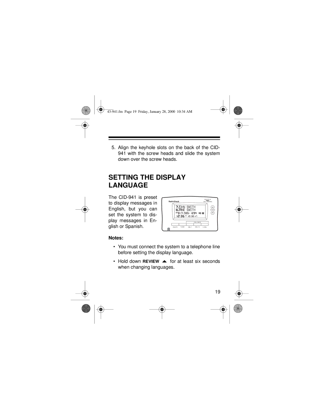 Radio Shack CID-941 owner manual Setting the Display Language 