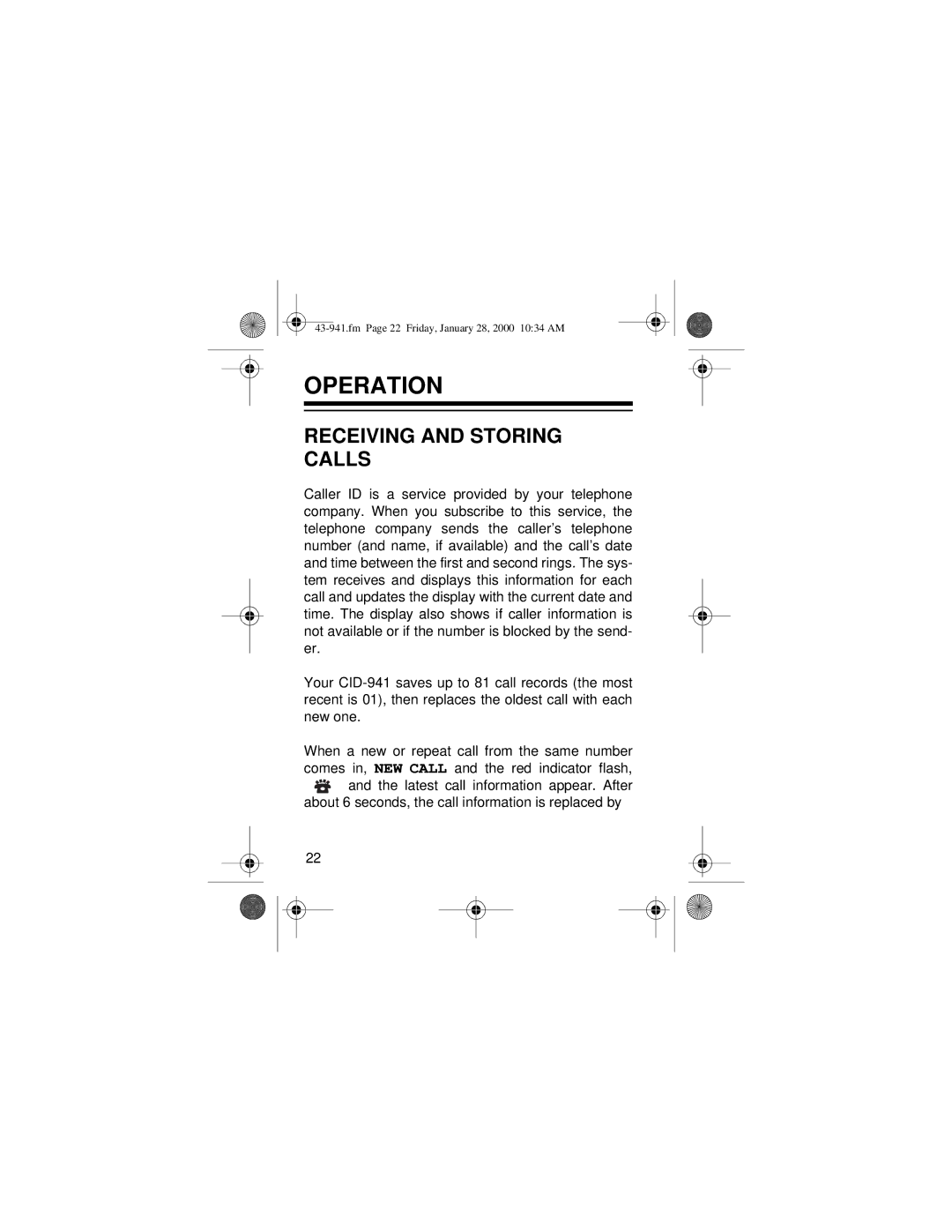 Radio Shack CID-941 owner manual Operation, Receiving and Storing Calls 