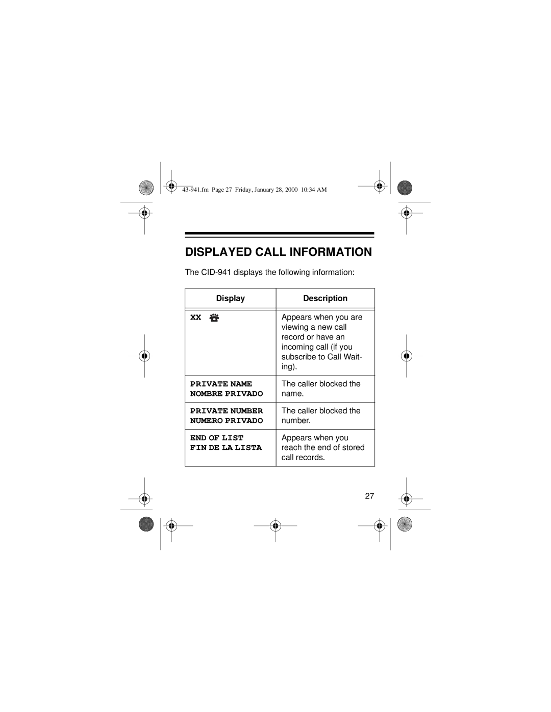 Radio Shack CID-941 owner manual Displayed Call Information, Display Description 