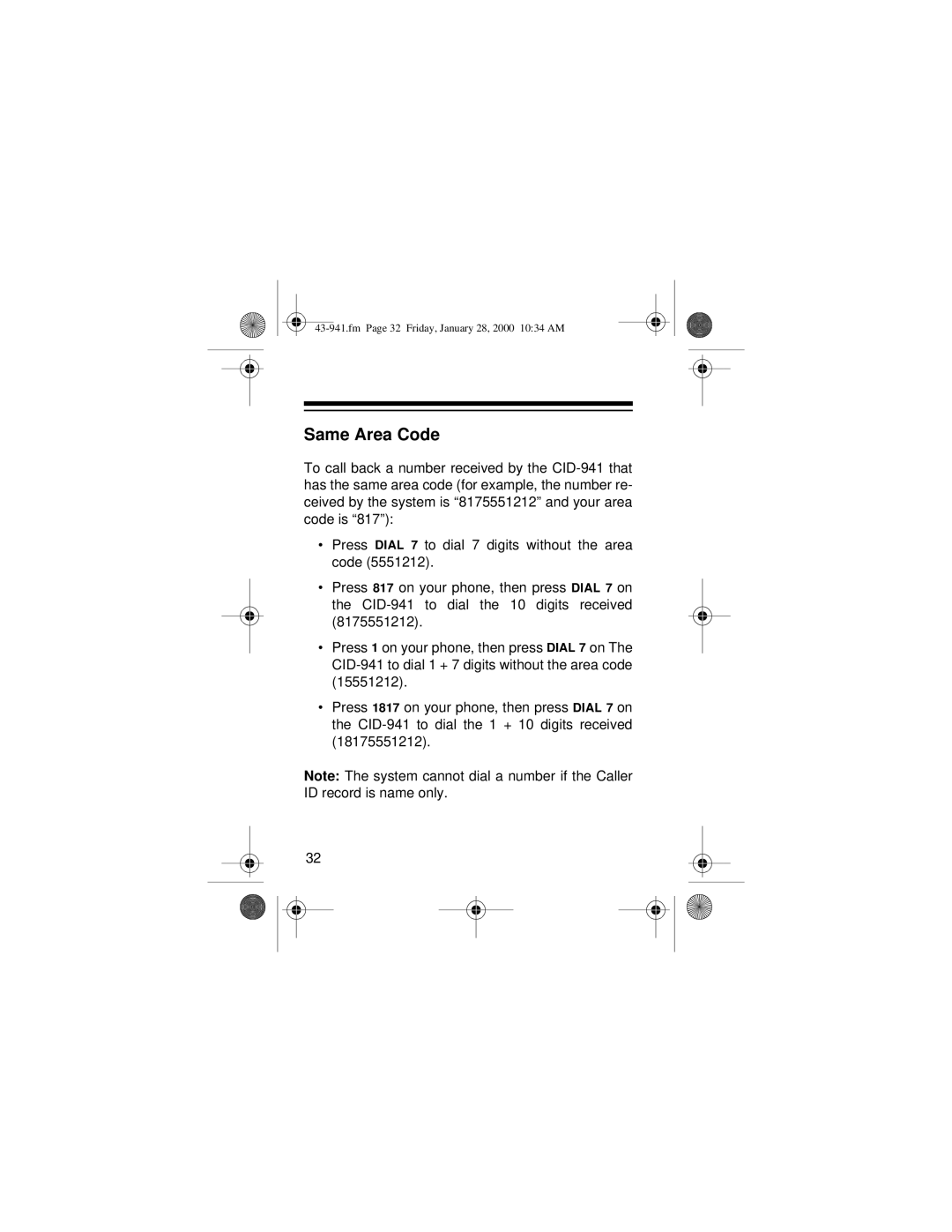 Radio Shack CID-941 owner manual Same Area Code 