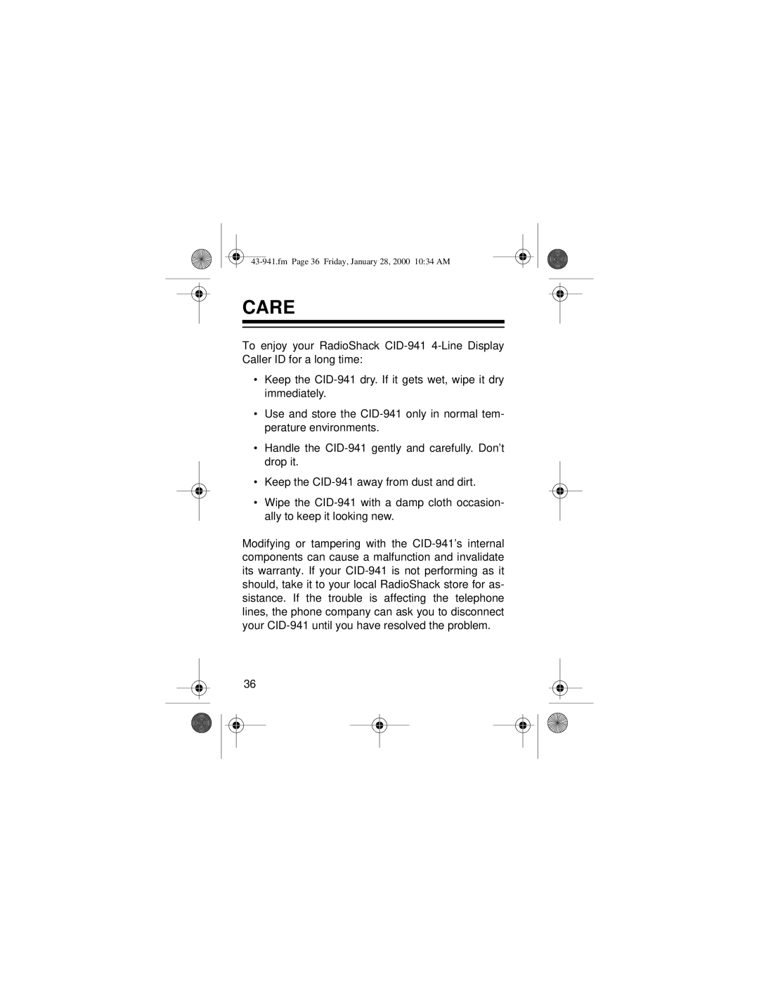 Radio Shack CID-941 owner manual Care 