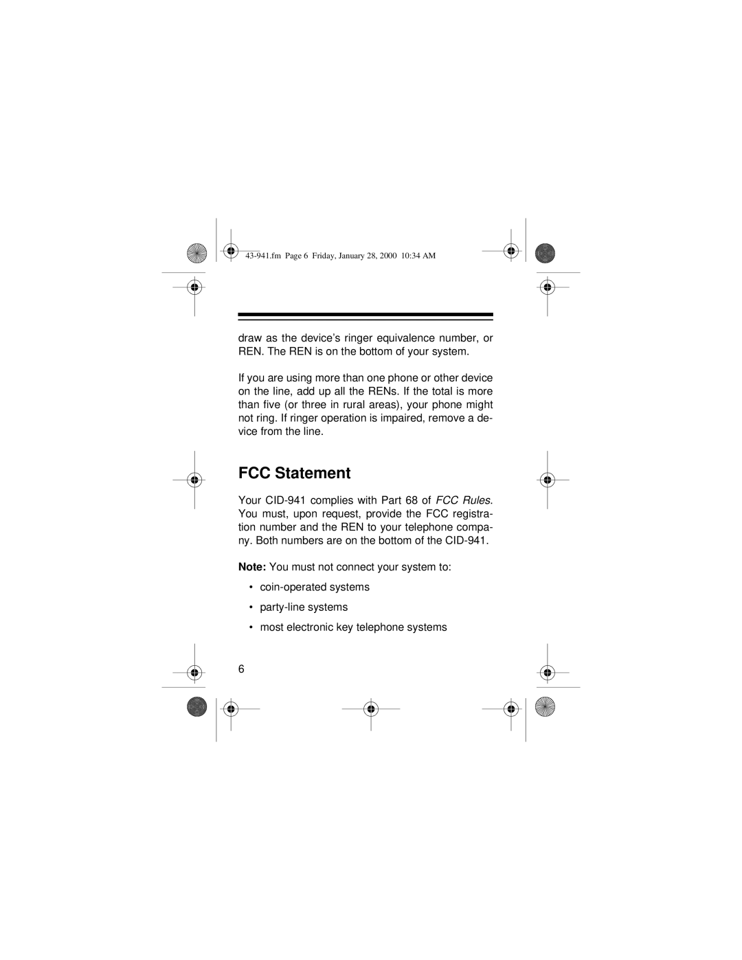 Radio Shack CID-941 owner manual FCC Statement 