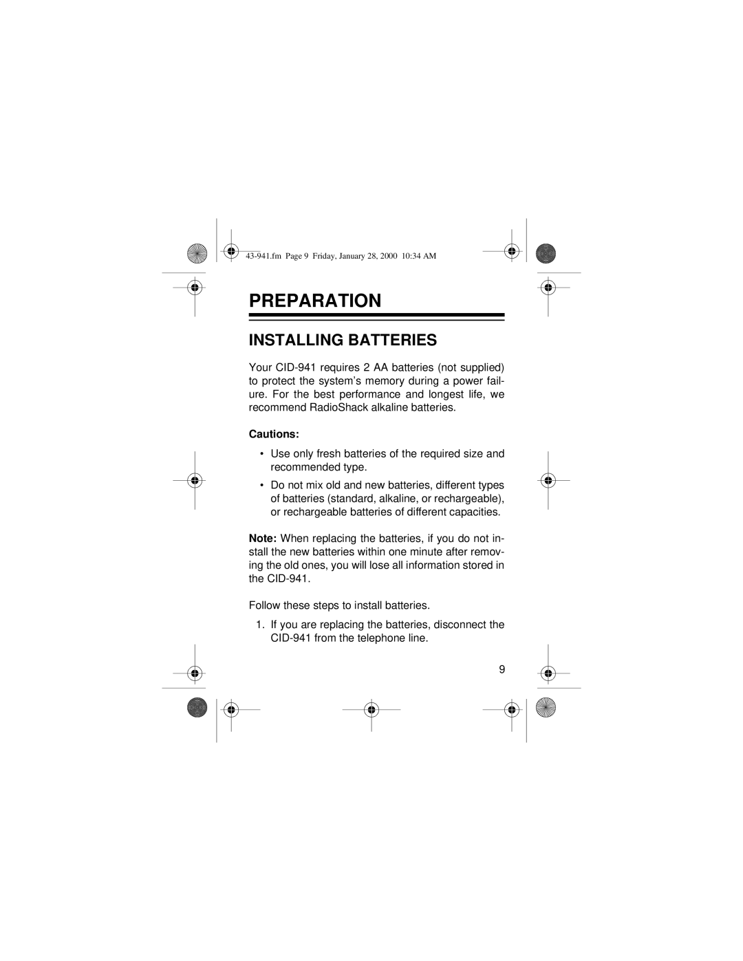 Radio Shack CID-941 owner manual Preparation, Installing Batteries 