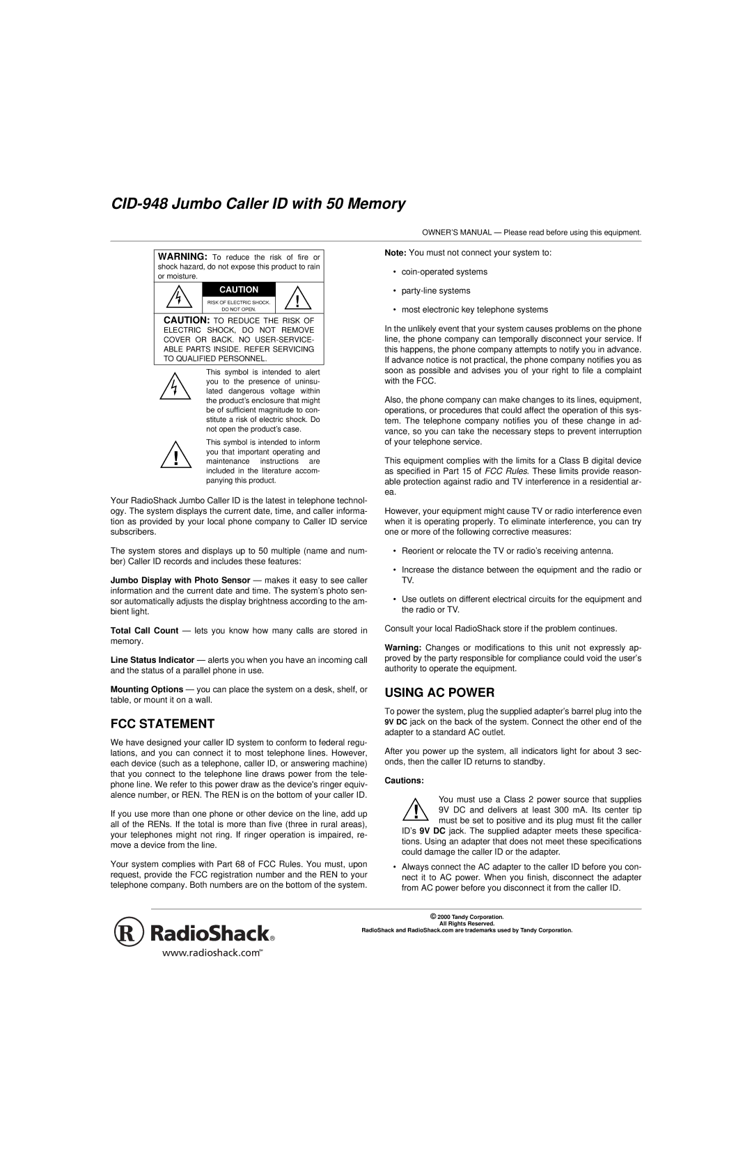 Radio Shack 43-948, CID-948 owner manual FCC Statement, Using AC Power 