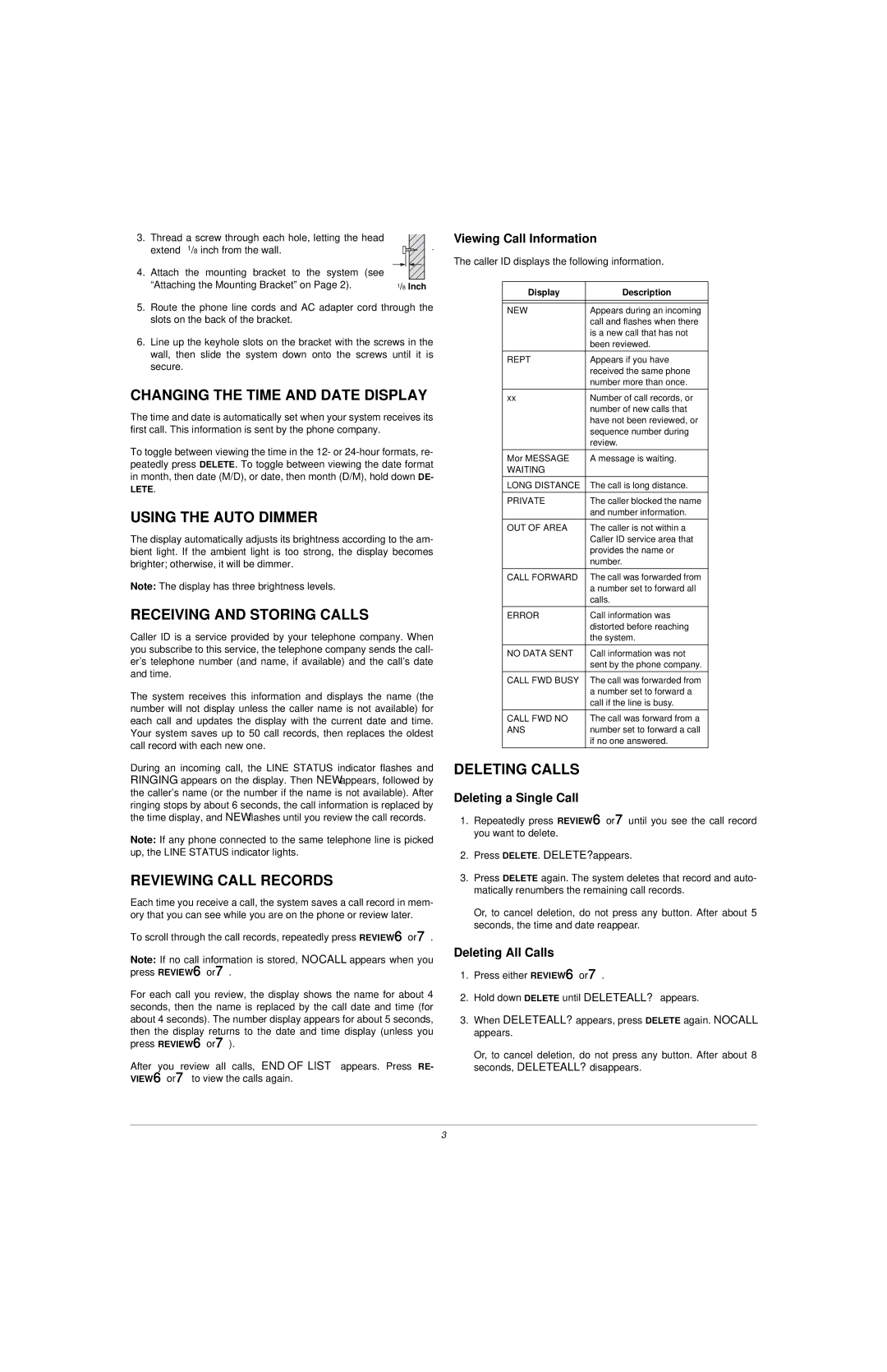 Radio Shack 43-948 Changing the Time and Date Display, Using the Auto Dimmer, Receiving and Storing Calls, Deleting Calls 