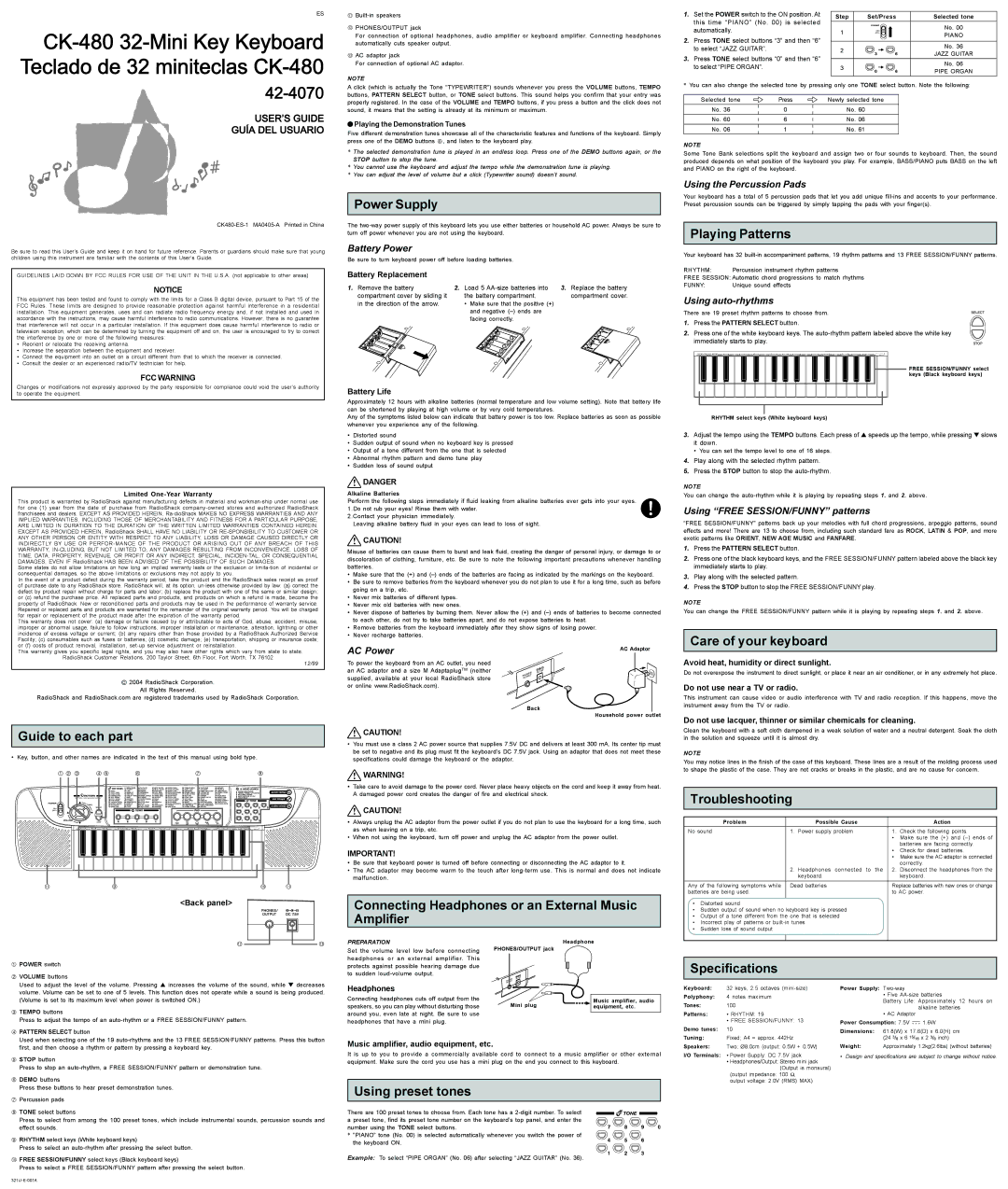 Radio Shack CK-480 specifications Power Supply, Playing Patterns, Guide to each part, Using preset tones, Troubleshooting 