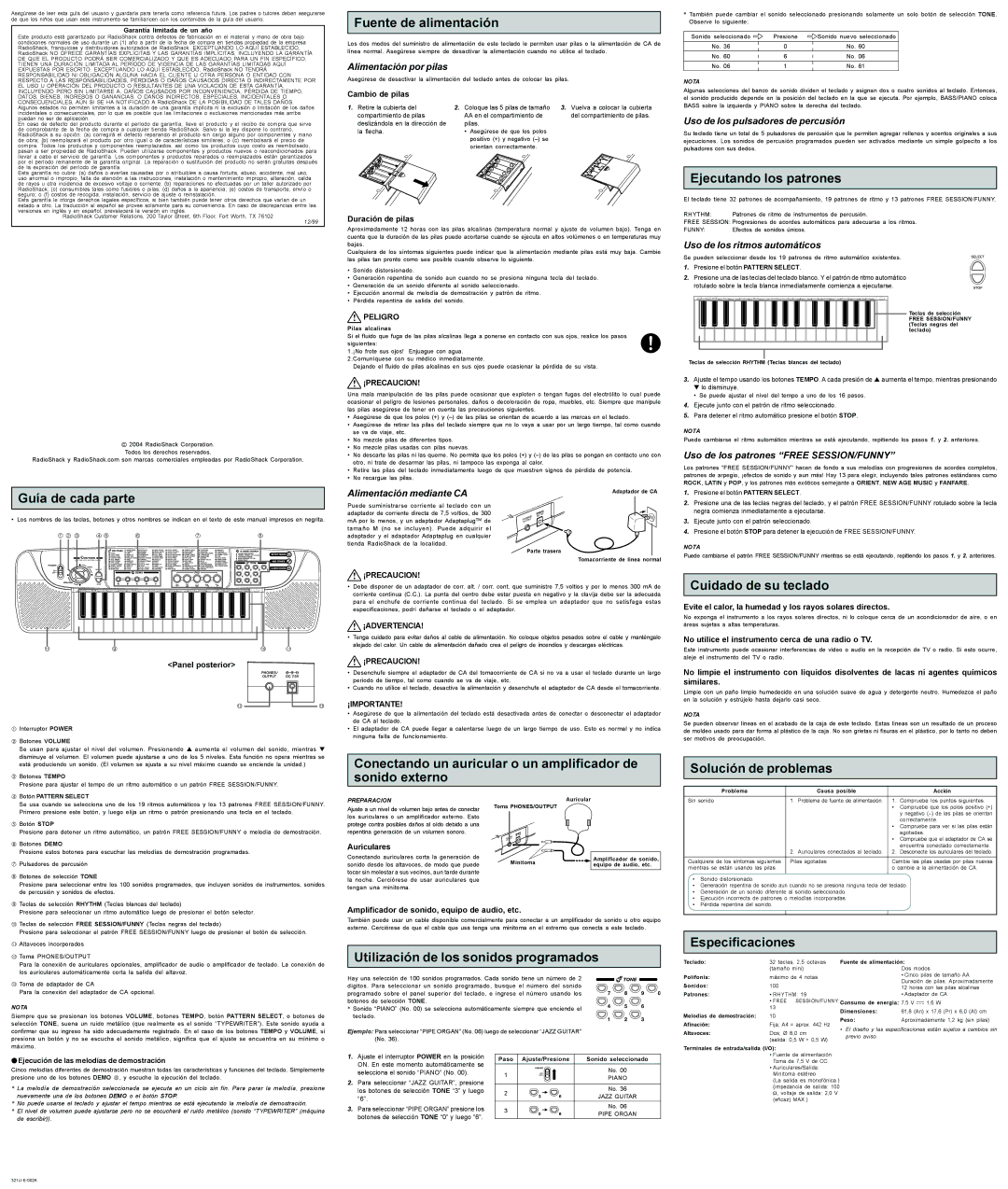 Radio Shack CK-480 Fuente de alimentación, Ejecutando los patrones, Guía de cada parte, Cuidado de su teclado 