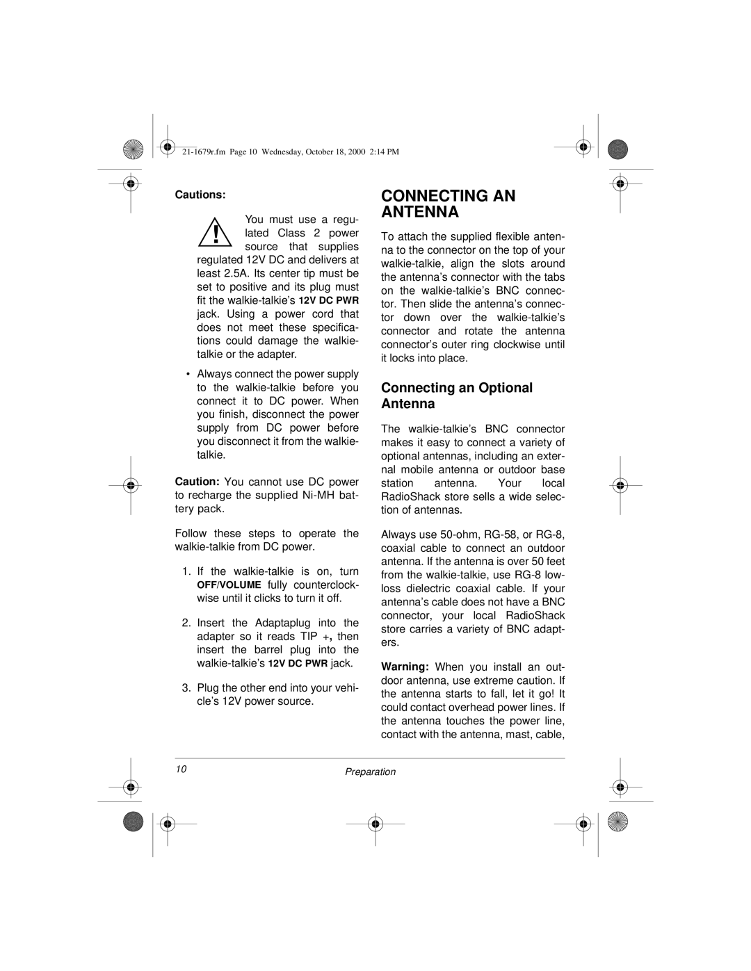 Radio Shack Compact Deluxe CB Walkie-Talkie with Digital Weather Alert owner manual Connecting AN Antenna 