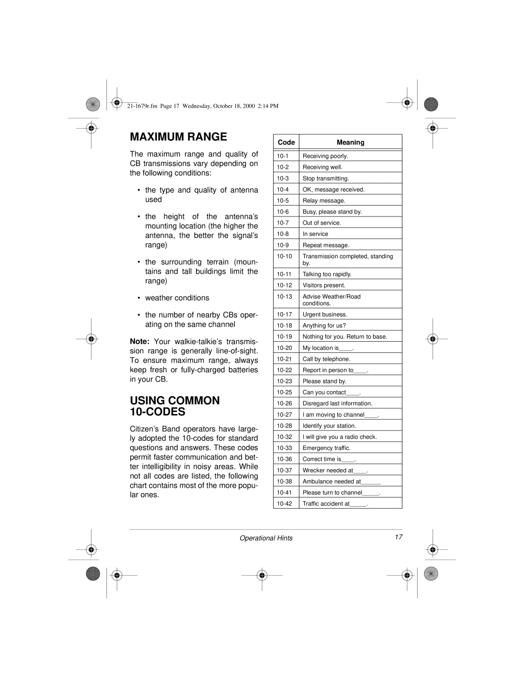 Radio Shack Compact Deluxe CB Walkie-Talkie with Digital Weather Alert owner manual Maximum Range, Using Common 10-CODES 