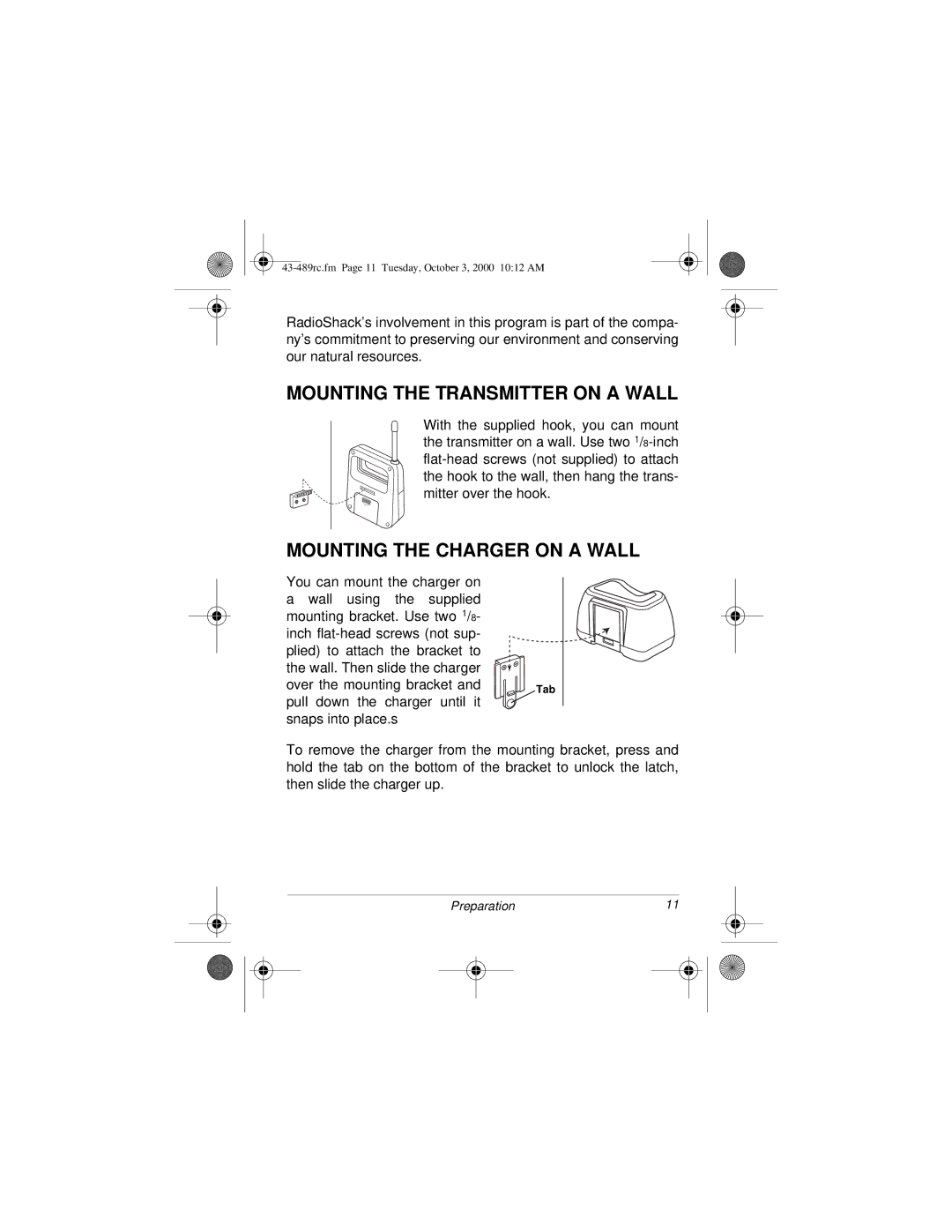 Radio Shack Cordless Room Monitor owner manual Mounting the Transmitter on a Wall, Mounting the Charger on a Wall 