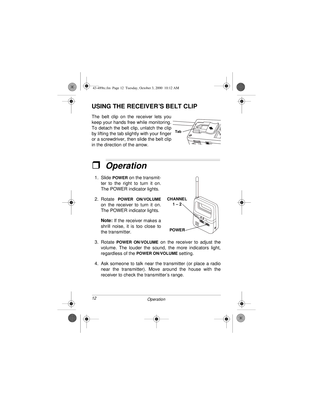 Radio Shack Cordless Room Monitor owner manual Operation, Using the RECEIVER’S Belt Clip 