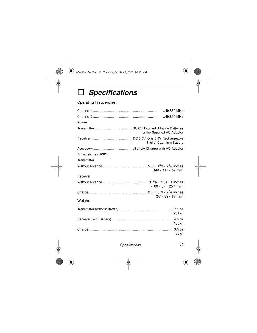 Radio Shack Cordless Room Monitor owner manual Specifications, Operating Frequencies 