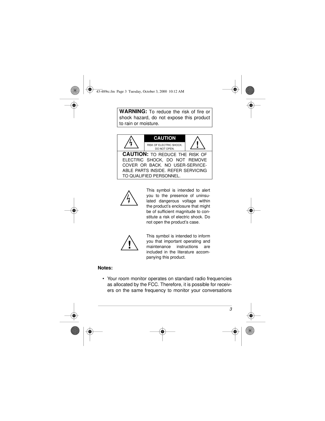 Radio Shack Cordless Room Monitor owner manual 43-489rc.fm Page 3 Tuesday, October 3, 2000 1012 AM 