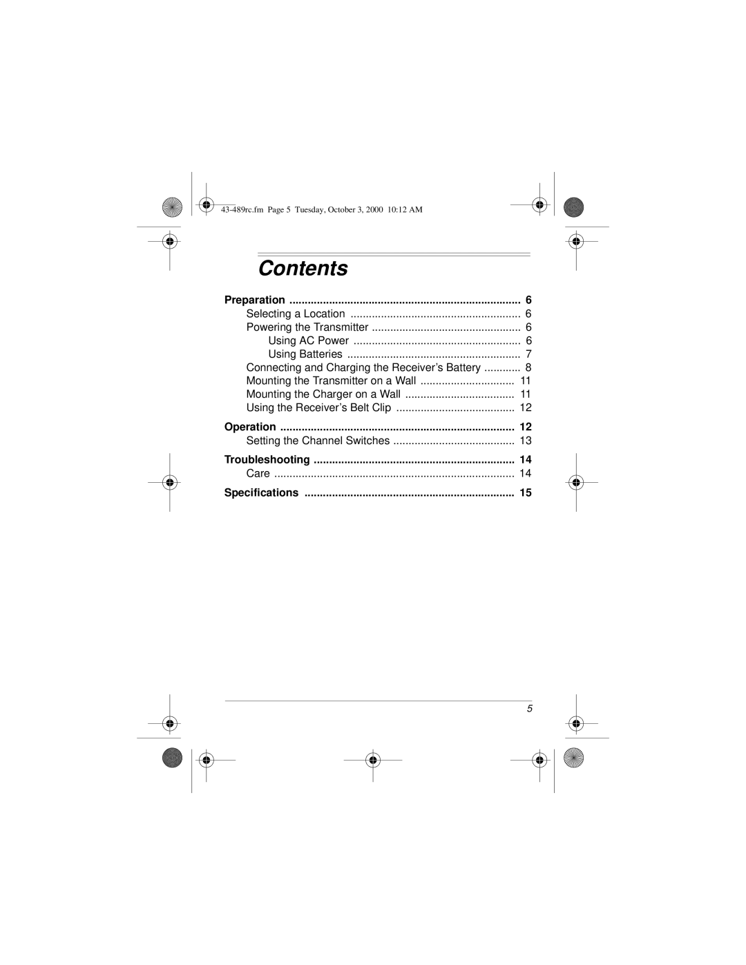 Radio Shack Cordless Room Monitor owner manual Contents 