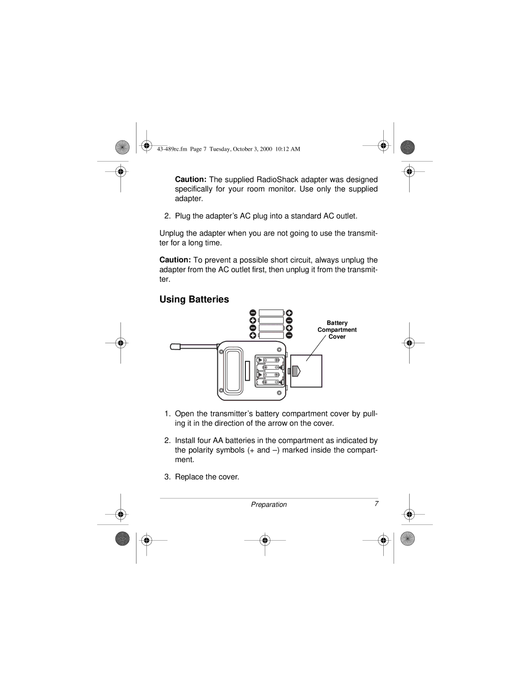 Radio Shack Cordless Room Monitor owner manual Using Batteries 