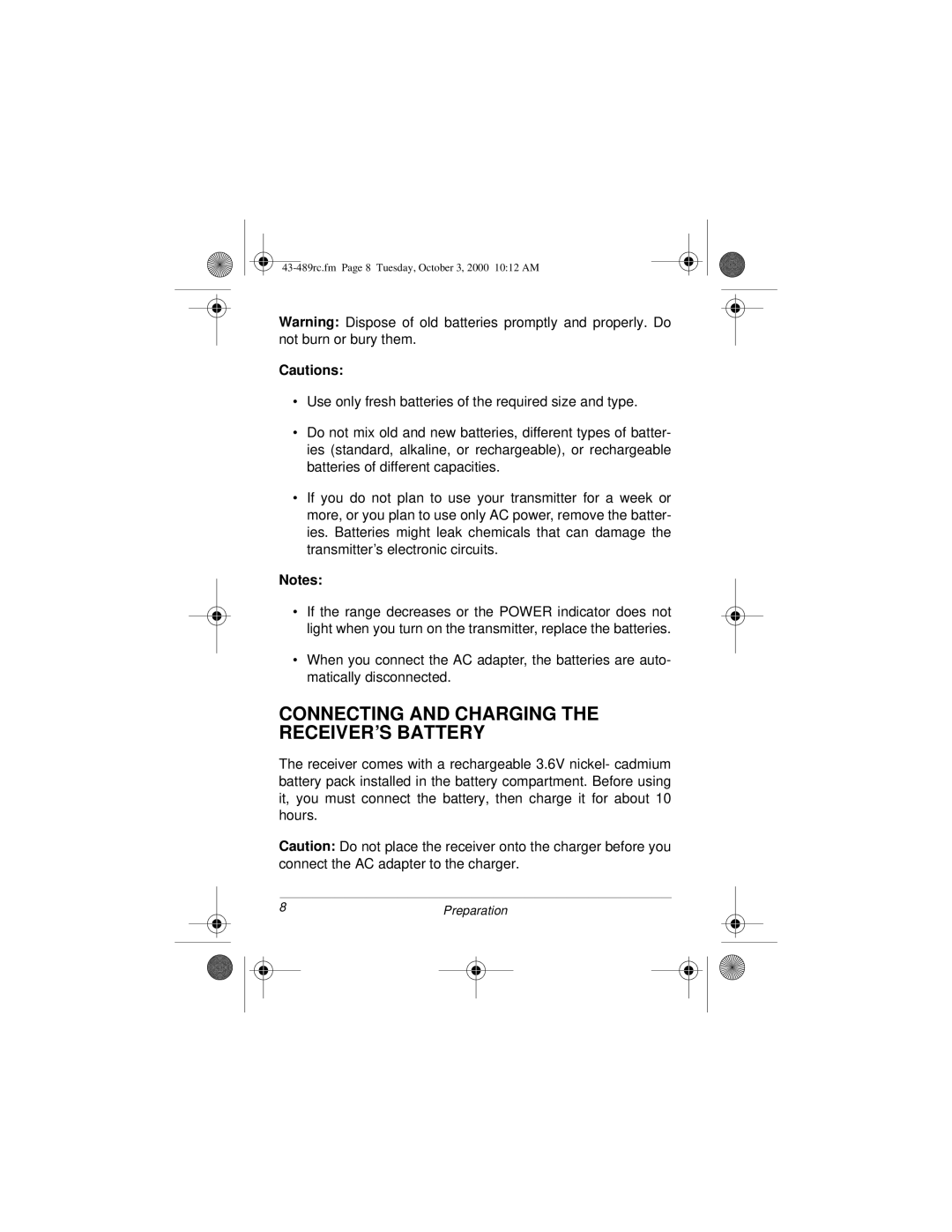 Radio Shack Cordless Room Monitor owner manual Connecting and Charging the RECEIVER’S Battery 