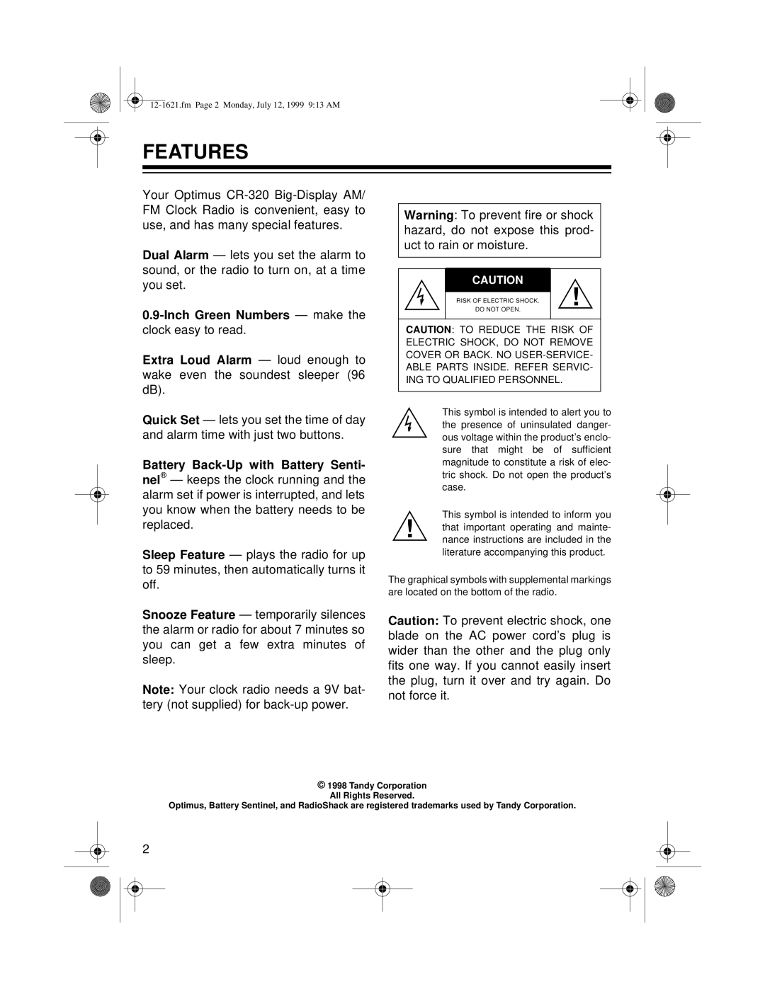 Radio Shack CR-320 owner manual Features, Battery Back-Up with Battery Senti 