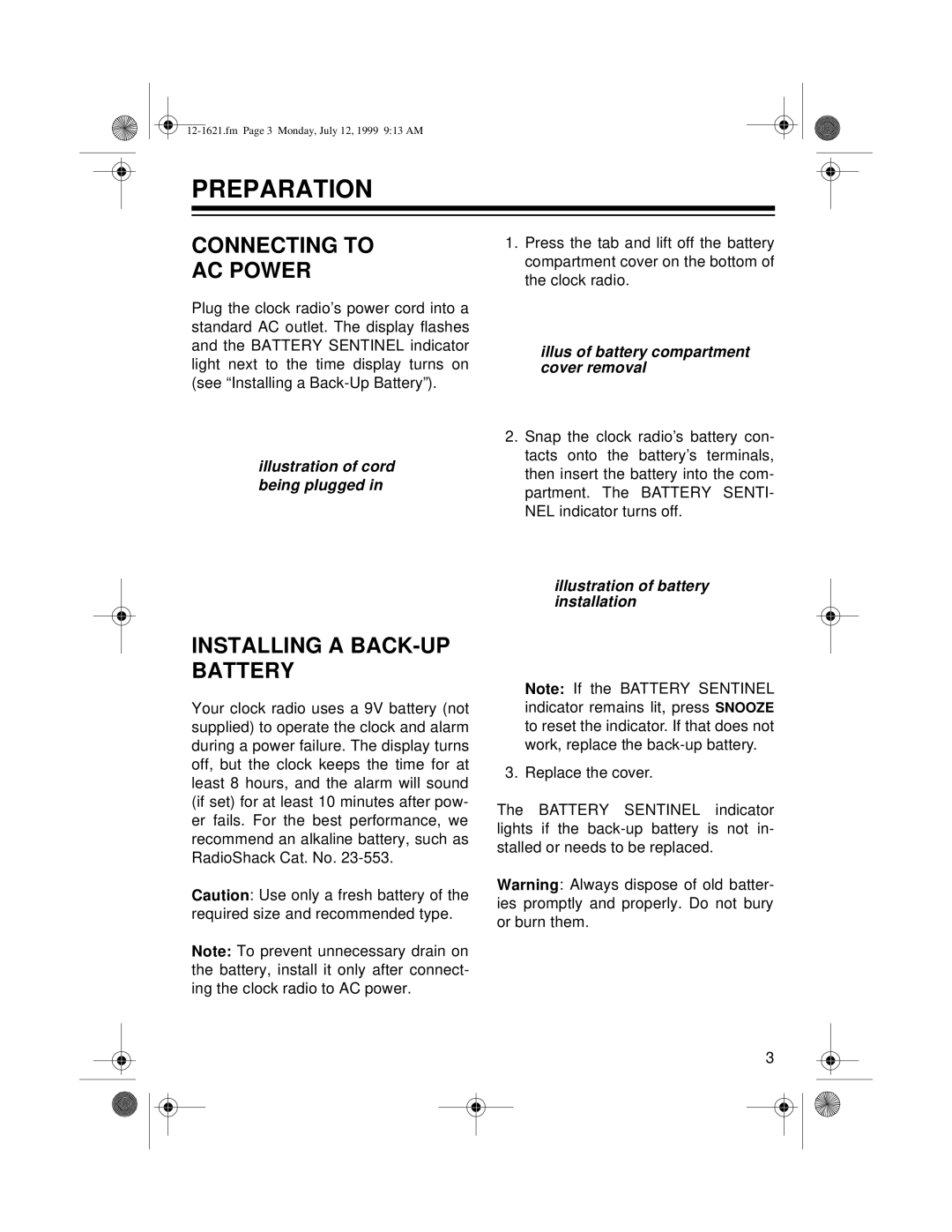 Radio Shack CR-320 owner manual Preparation, Connecting to AC Power, Installing a BACK-UP Battery 