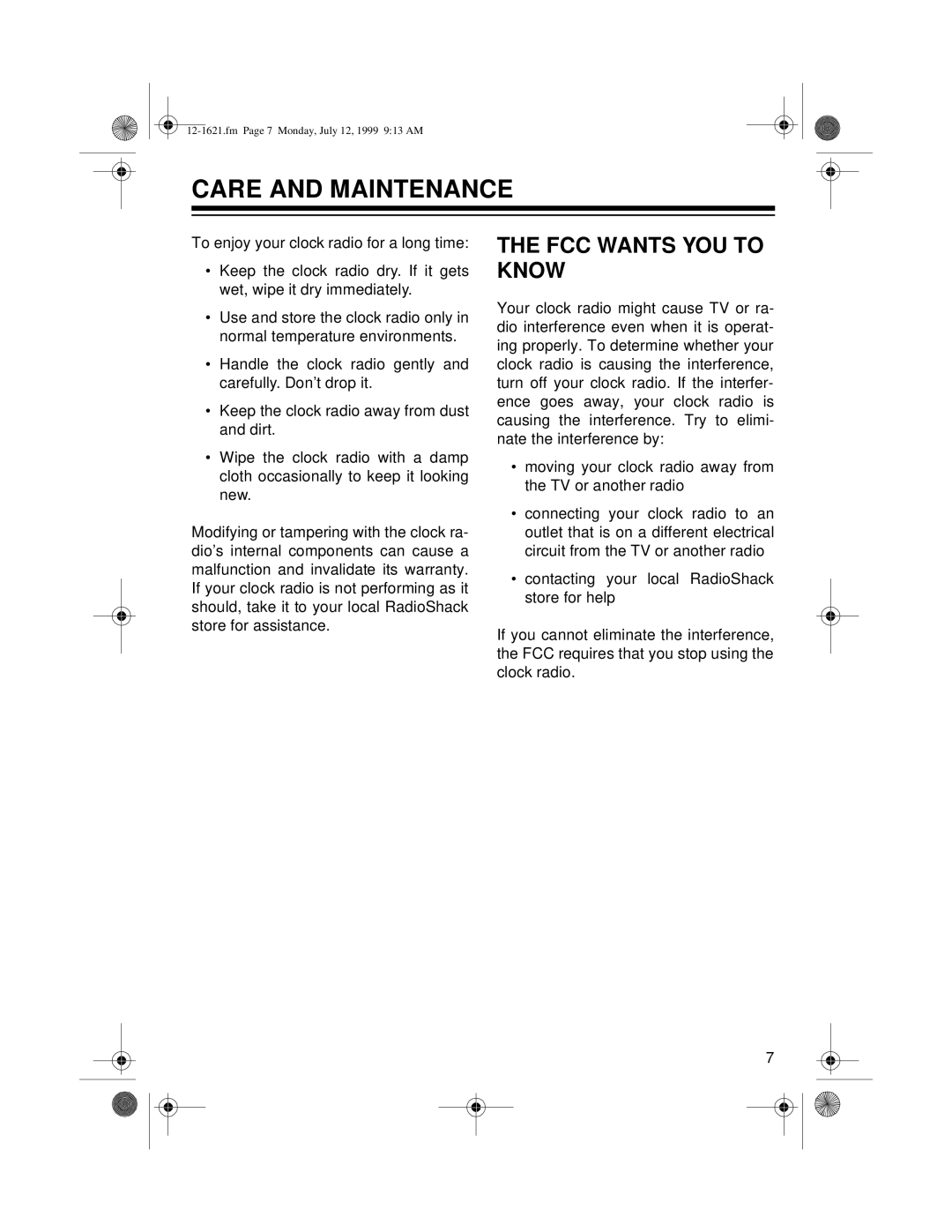 Radio Shack CR-320 owner manual Care and Maintenance, FCC Wants YOU to Know 