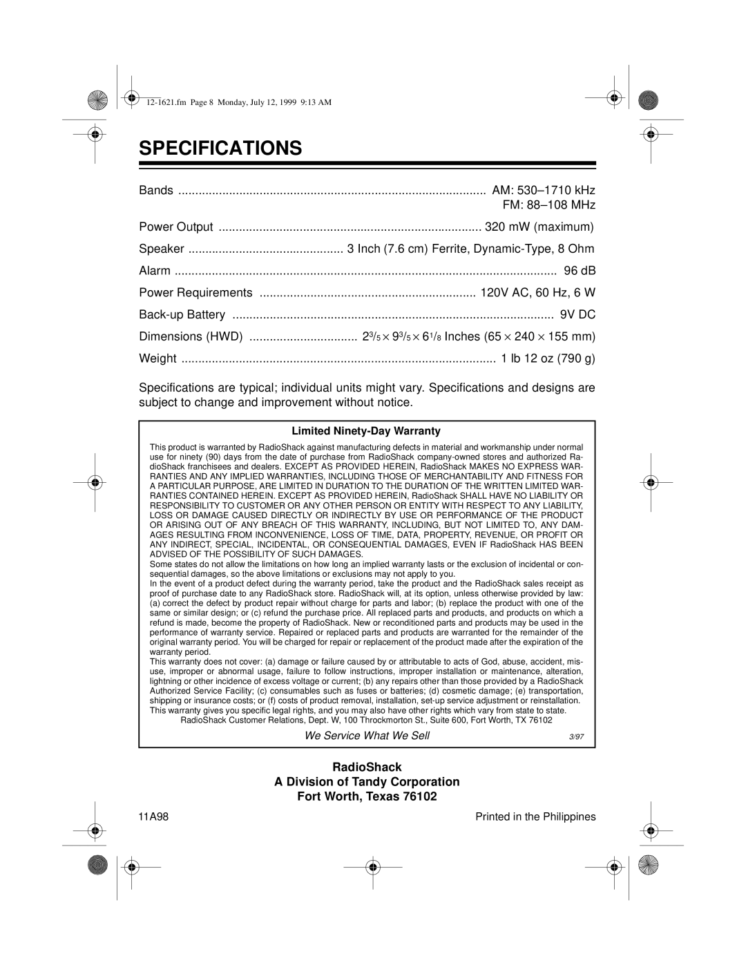 Radio Shack CR-320 owner manual Specifications, 9V DC 