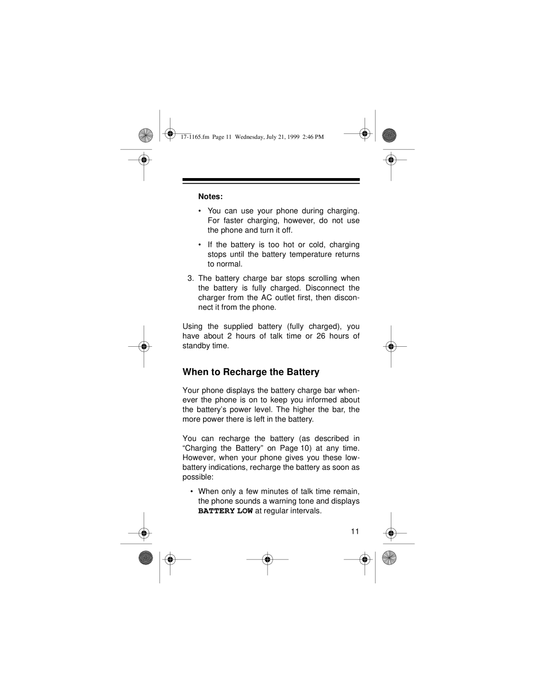 Radio Shack CT-354 owner manual When to Recharge the Battery 