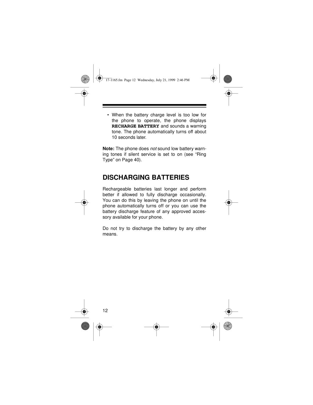 Radio Shack CT-354 owner manual Discharging Batteries 