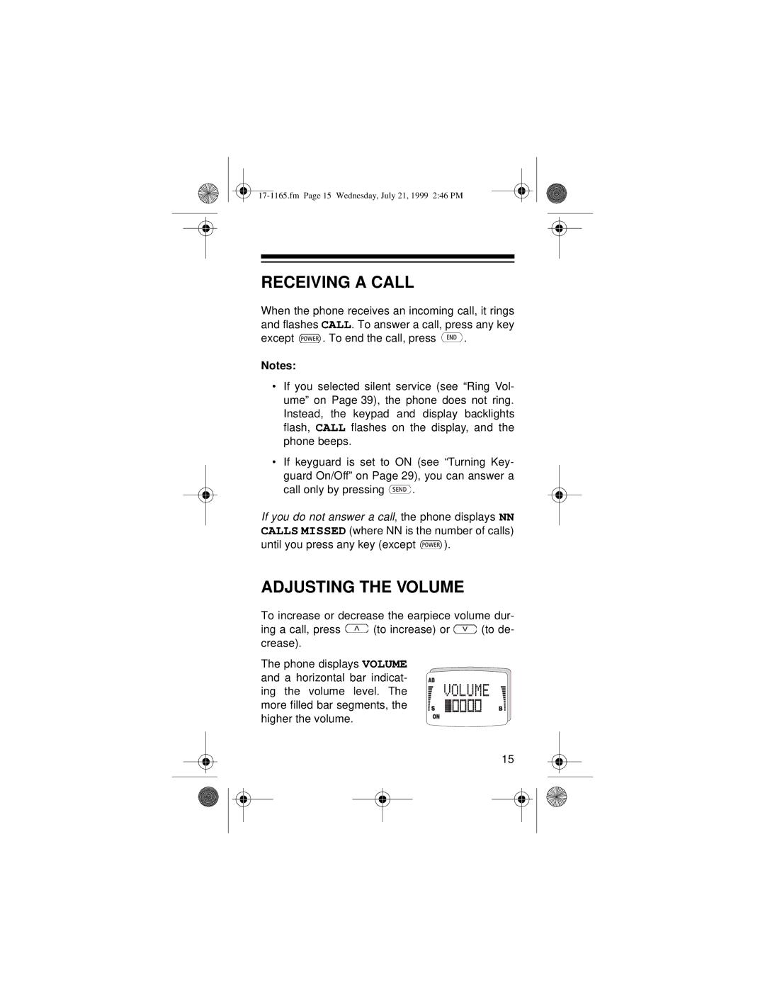 Radio Shack CT-354 owner manual Receiving a Call, Adjusting the Volume 