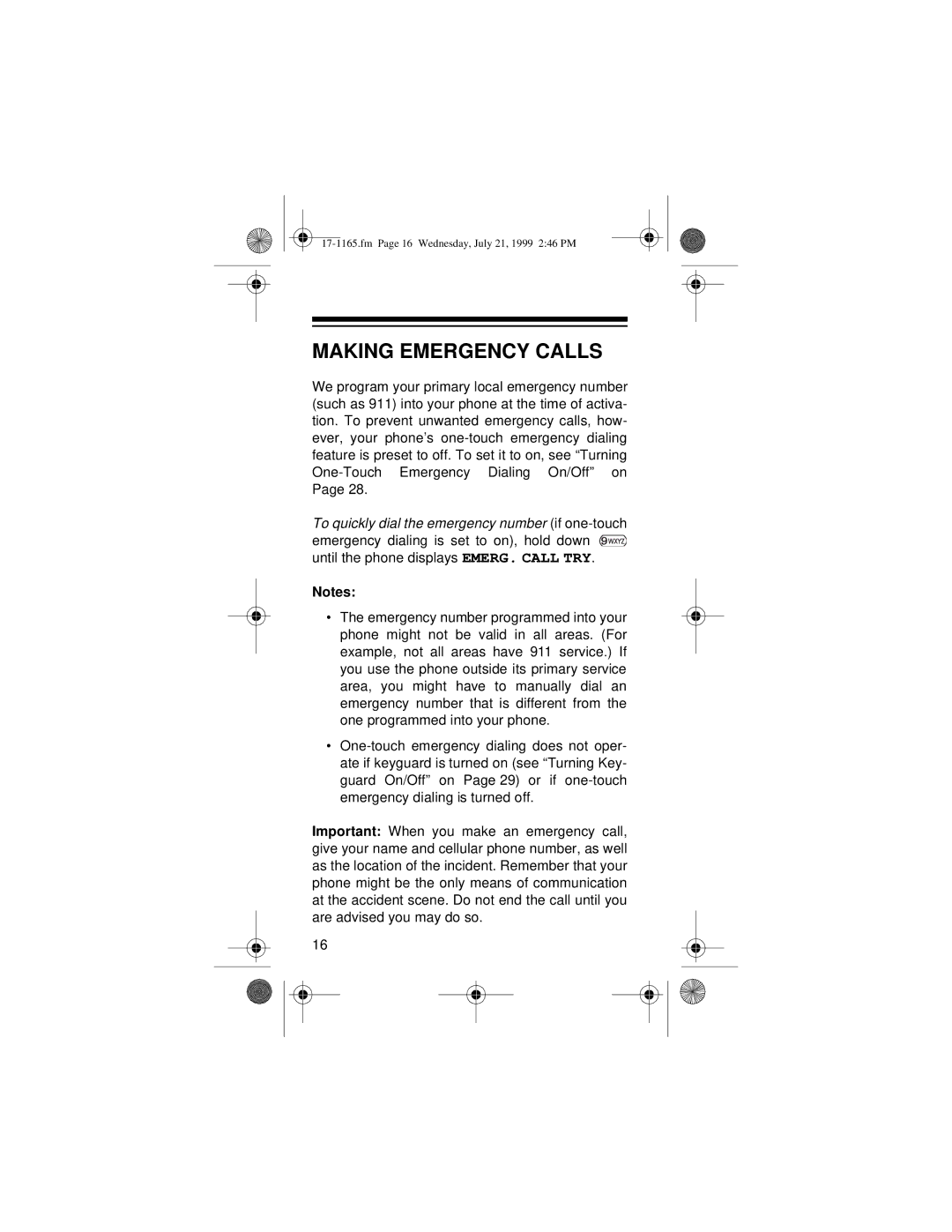 Radio Shack CT-354 owner manual Making Emergency Calls 