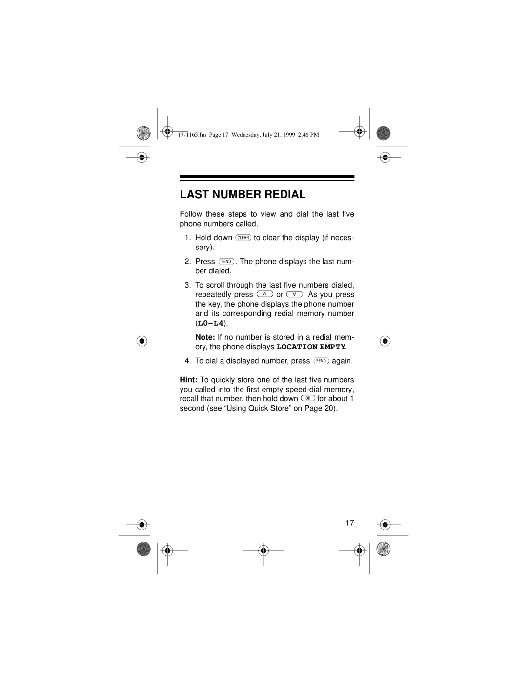 Radio Shack CT-354 owner manual Last Number Redial 