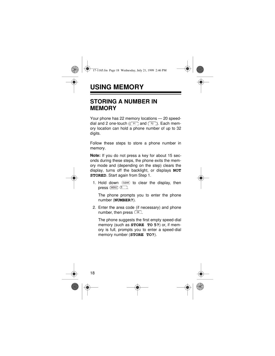 Radio Shack CT-354 owner manual Using Memory, Storing a Number Memory 