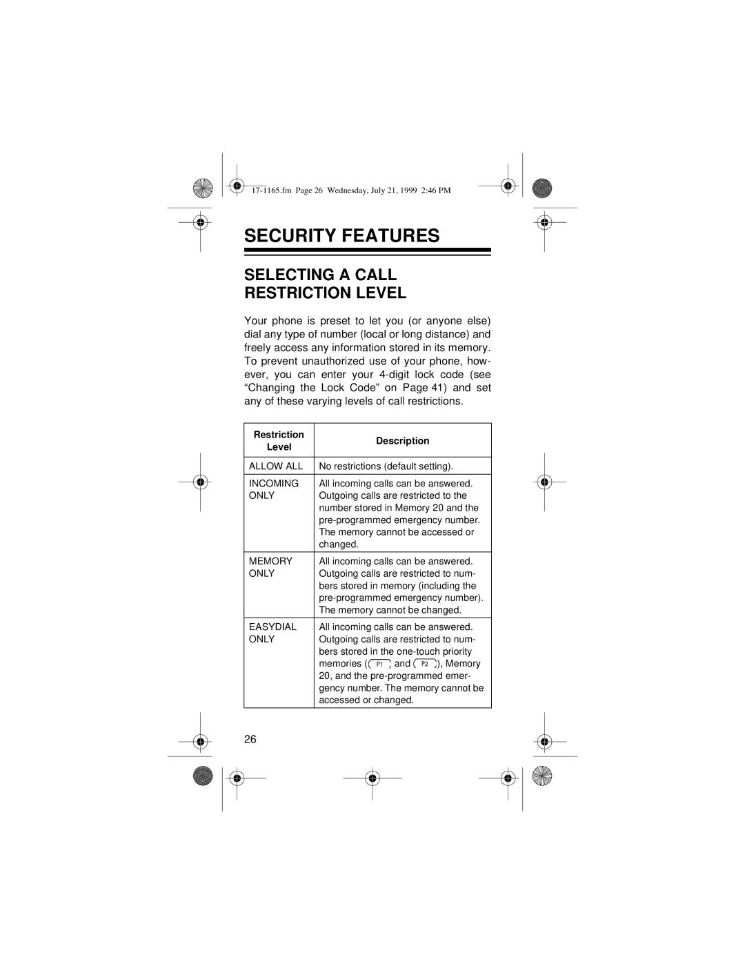 Radio Shack CT-354 owner manual Security Features, Selecting a Call Restriction Level 