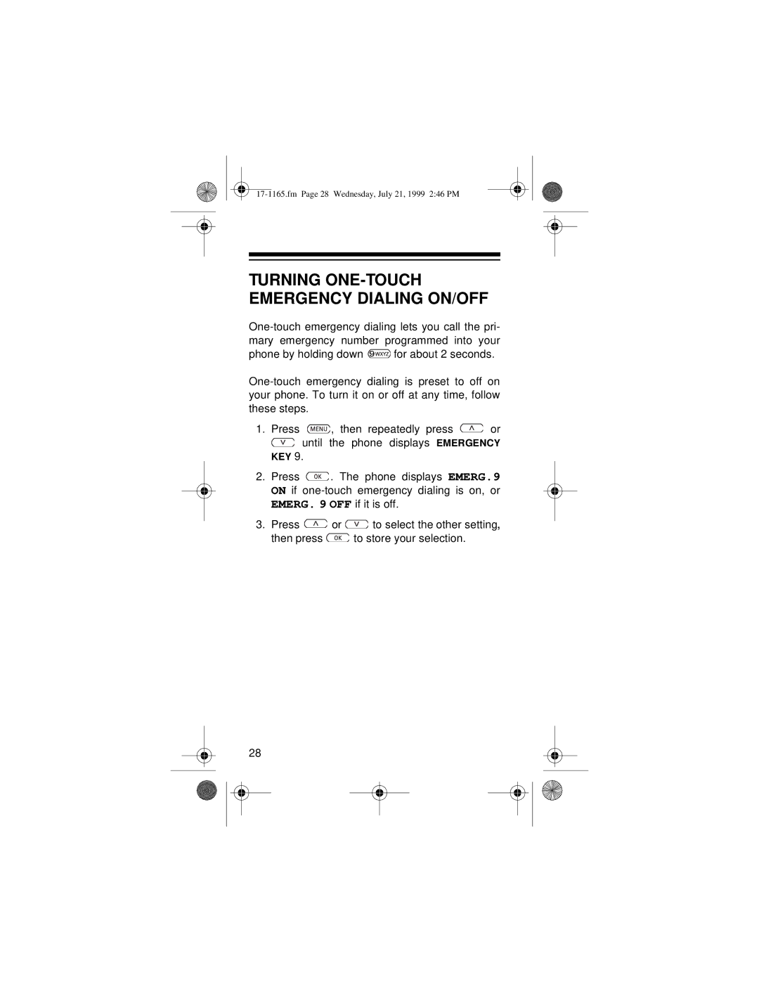 Radio Shack CT-354 owner manual Turning ONE-TOUCH Emergency Dialing ON/OFF, Emerg OFF if it is off 