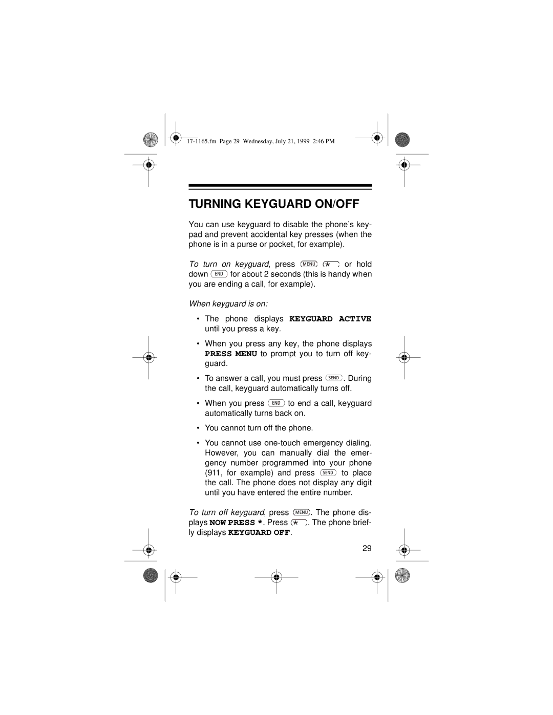 Radio Shack CT-354 owner manual Turning Keyguard ON/OFF, When keyguard is on 