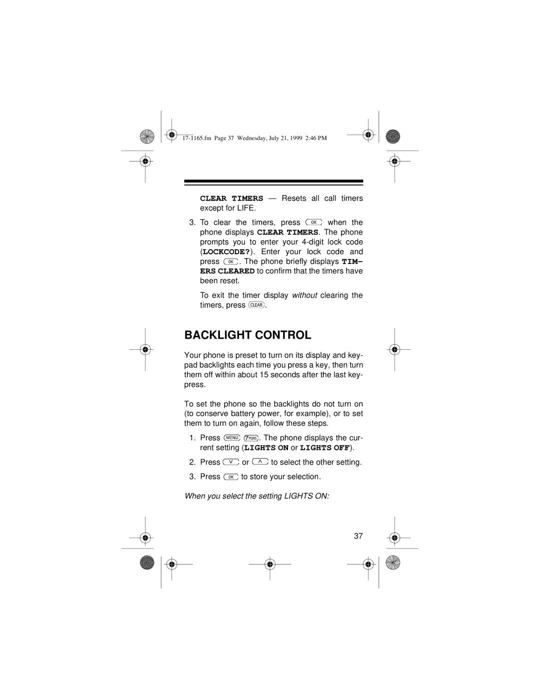 Radio Shack CT-354 owner manual Backlight Control, When you select the setting Lights on 