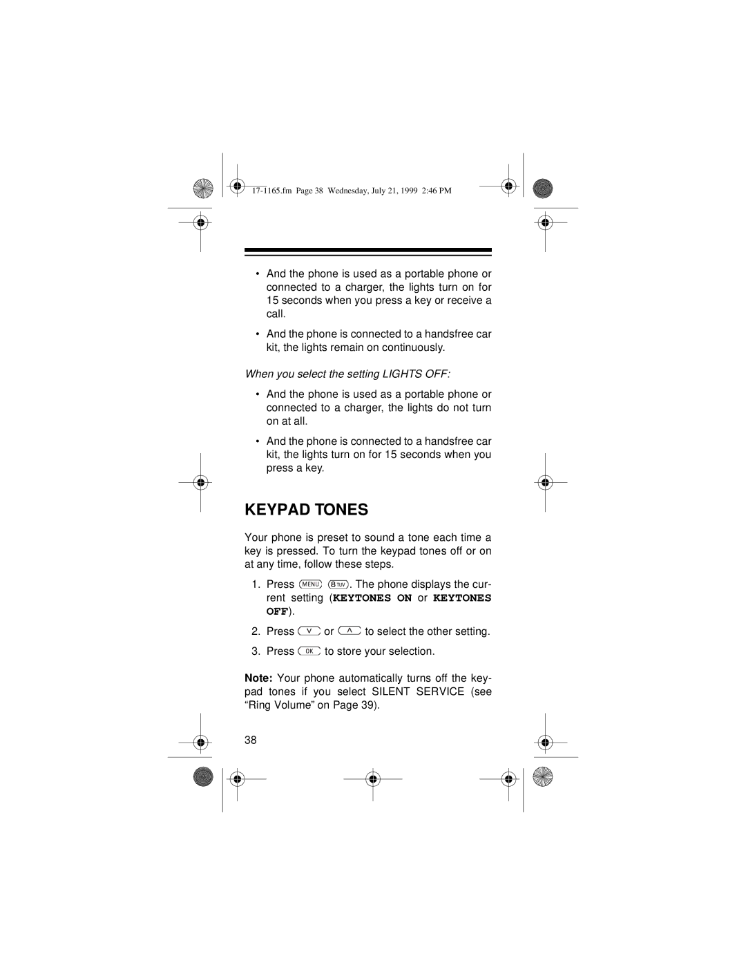 Radio Shack CT-354 owner manual Keypad Tones, When you select the setting Lights OFF 