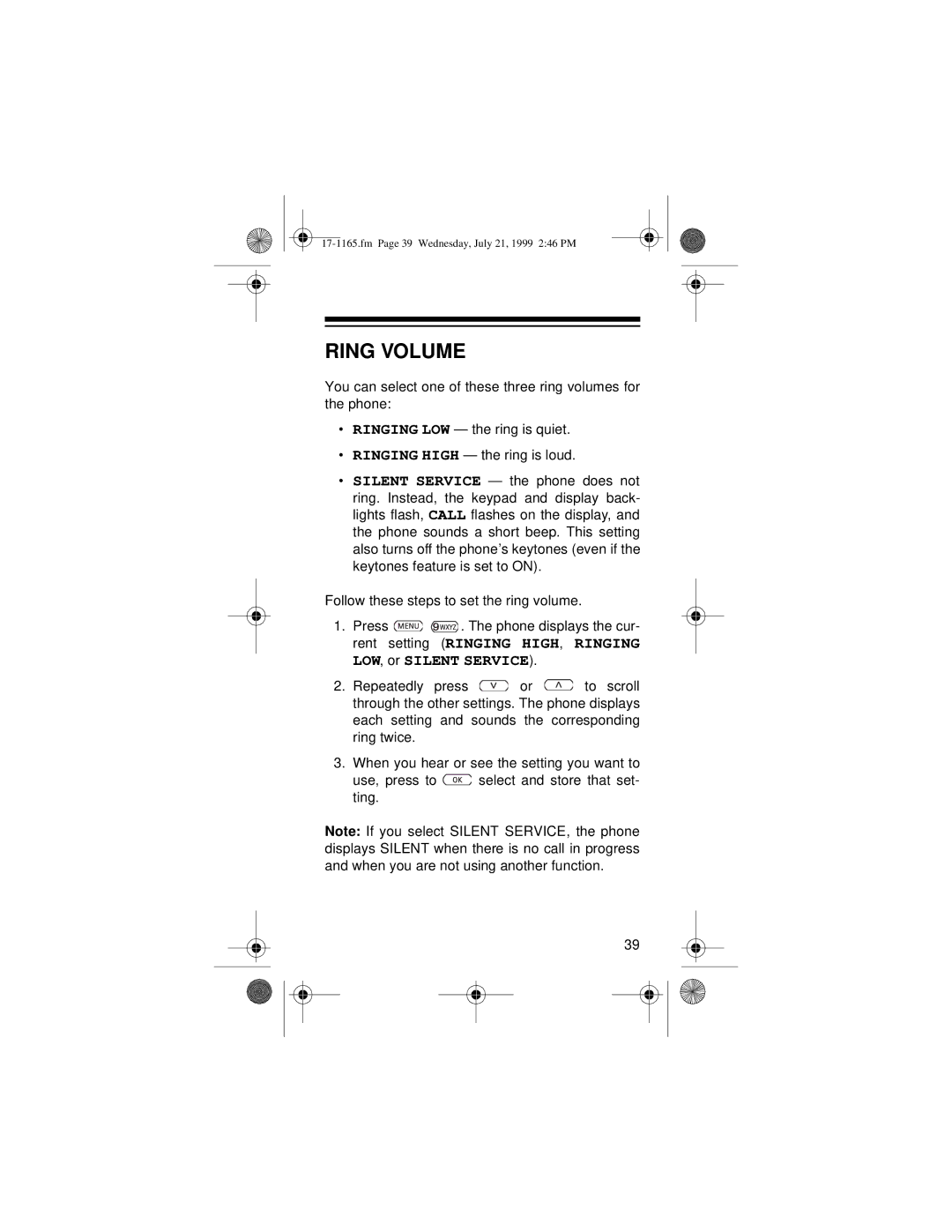 Radio Shack CT-354 owner manual Ring Volume 