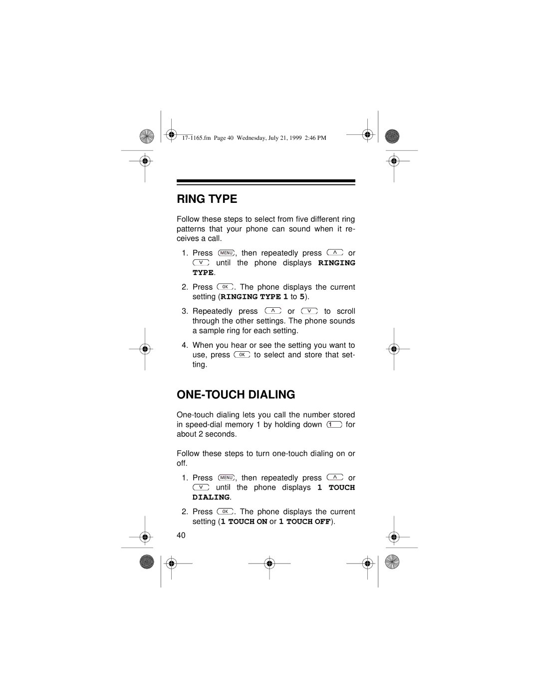 Radio Shack CT-354 owner manual Ring Type, ONE-TOUCH Dialing 