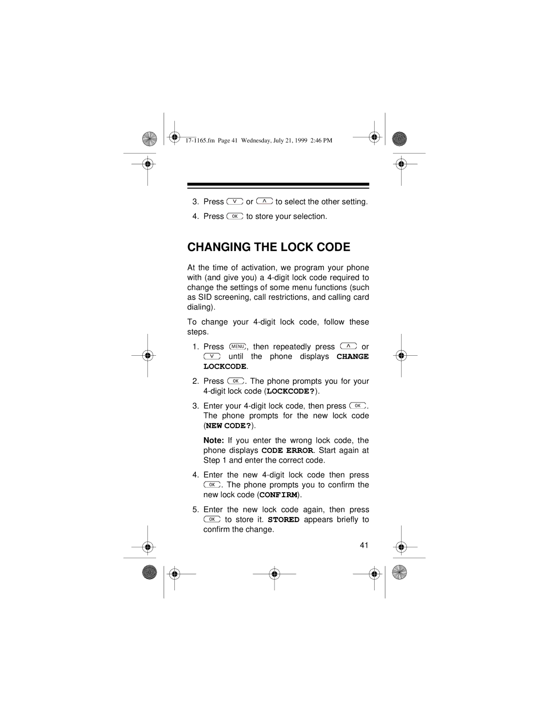 Radio Shack CT-354 owner manual Changing the Lock Code 