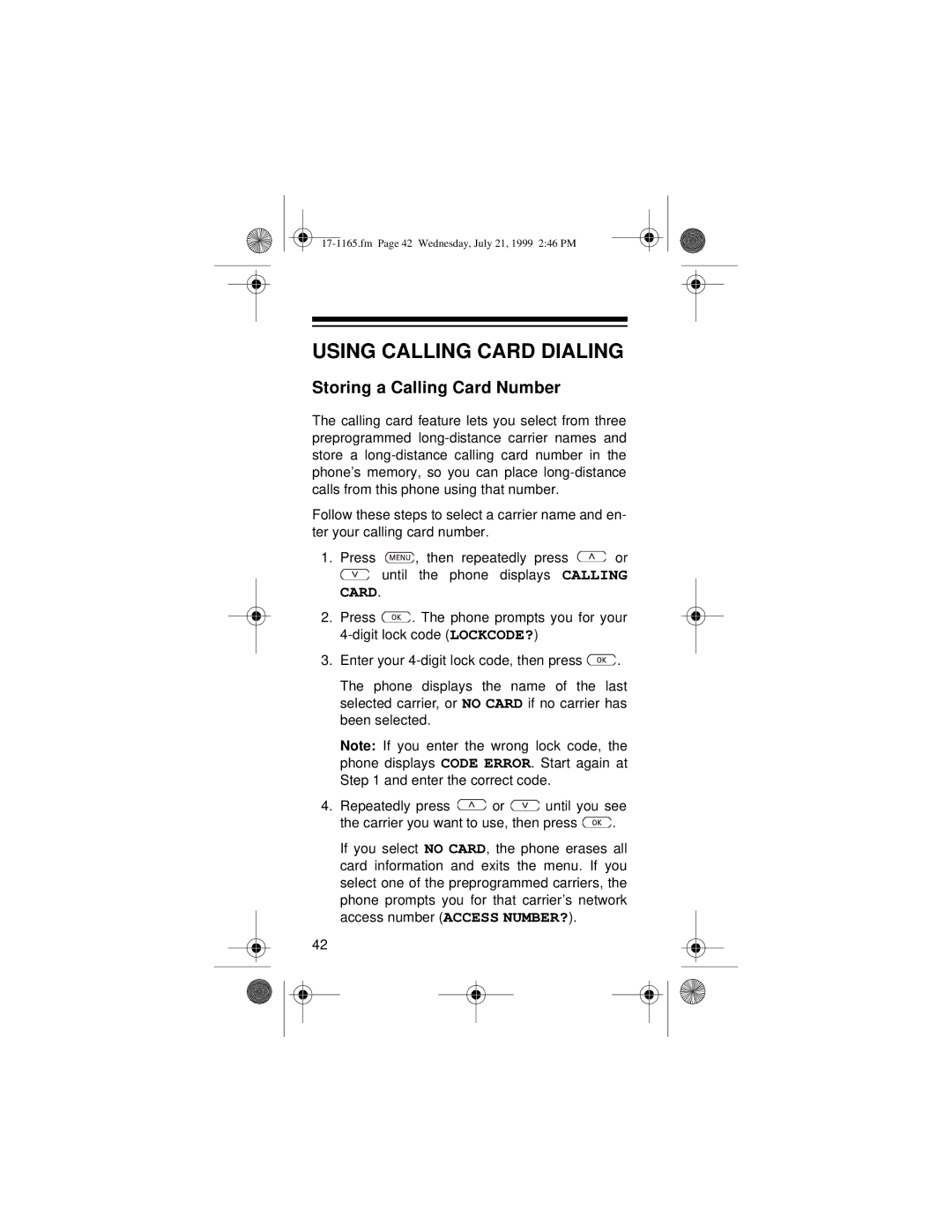 Radio Shack CT-354 owner manual Using Calling Card Dialing, Storing a Calling Card Number 