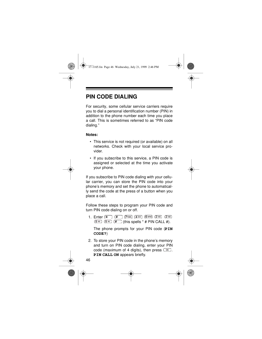 Radio Shack CT-354 owner manual PIN Code Dialing 