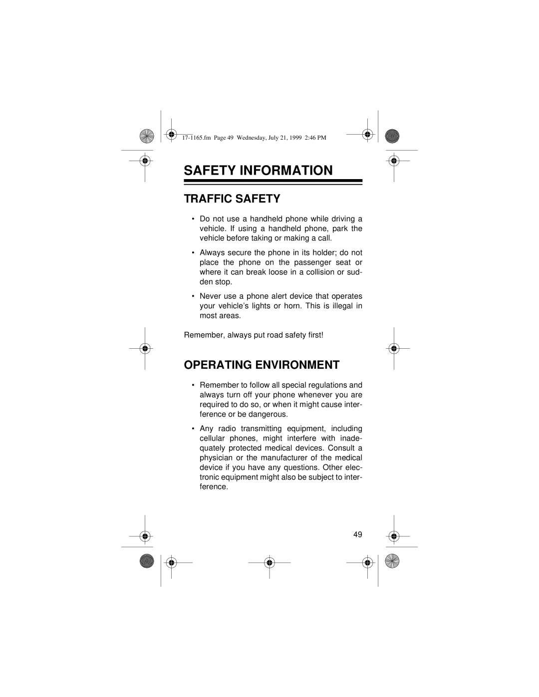 Radio Shack CT-354 owner manual Safety Information, Traffic Safety, Operating Environment 