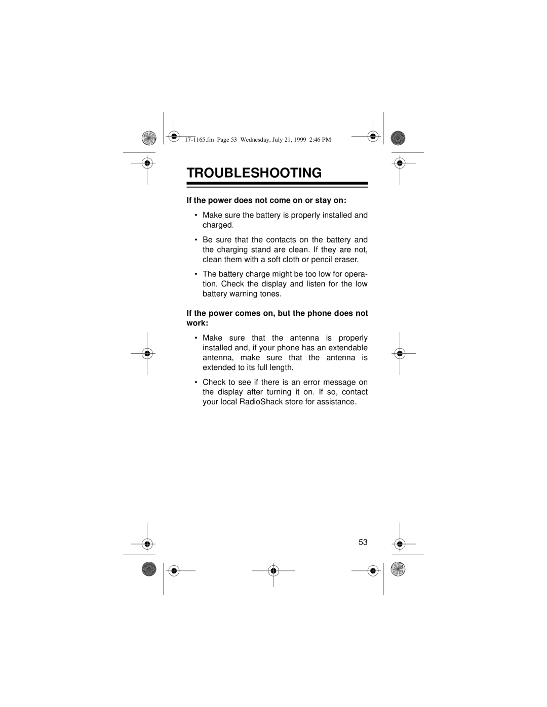 Radio Shack CT-354 owner manual Troubleshooting, If the power does not come on or stay on 