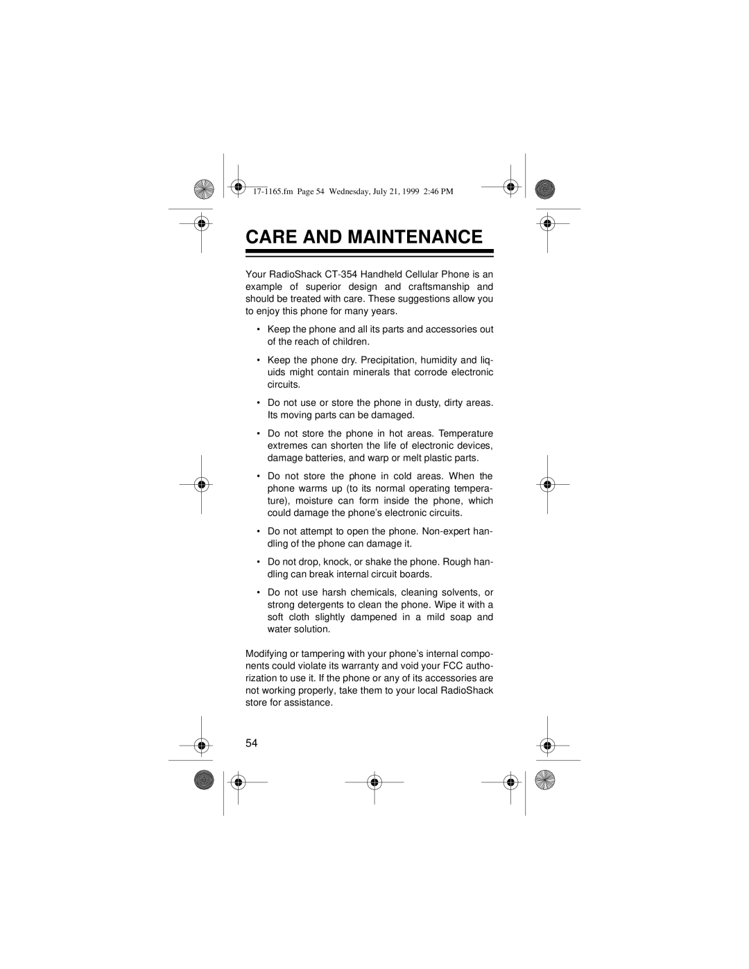 Radio Shack CT-354 owner manual Care and Maintenance 