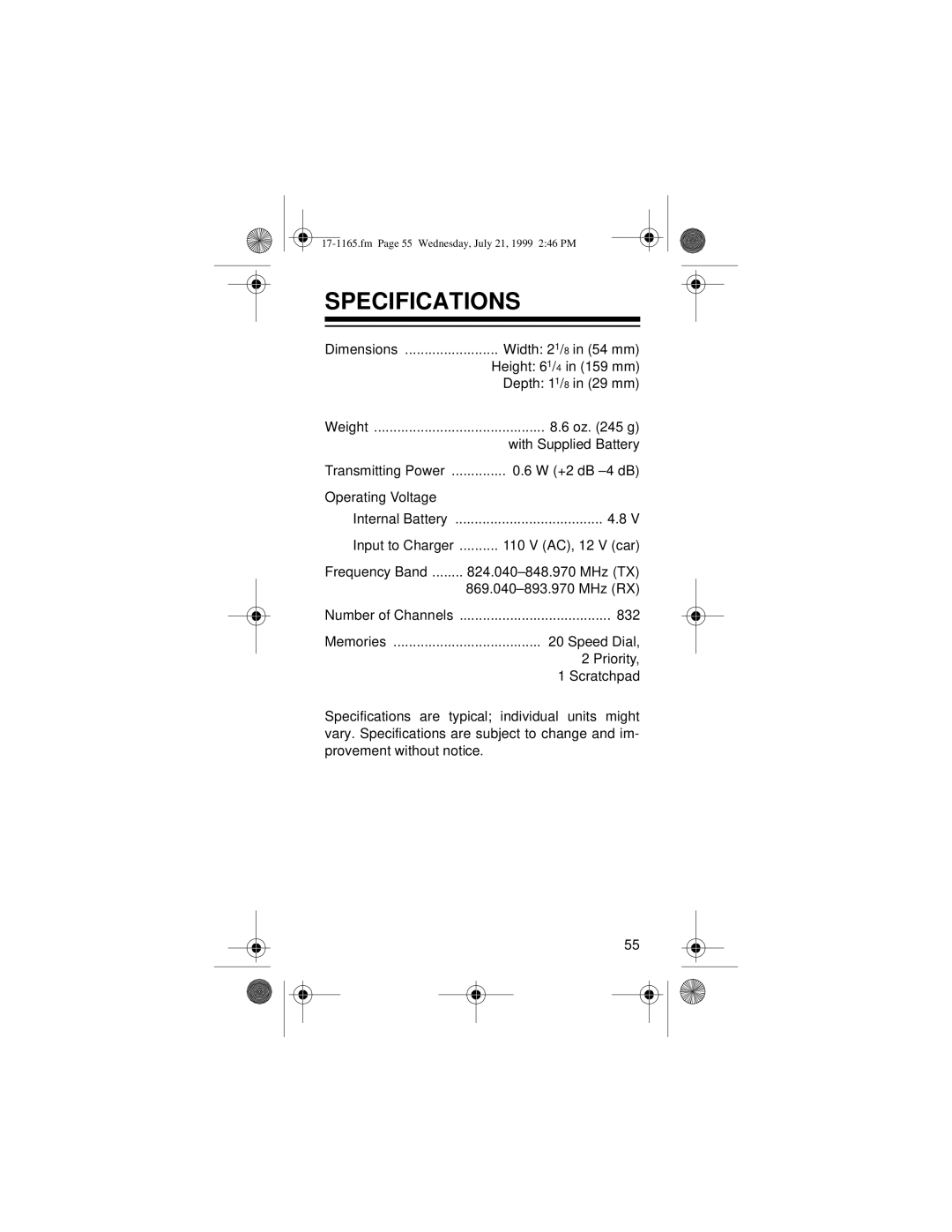 Radio Shack CT-354 owner manual Specifications 