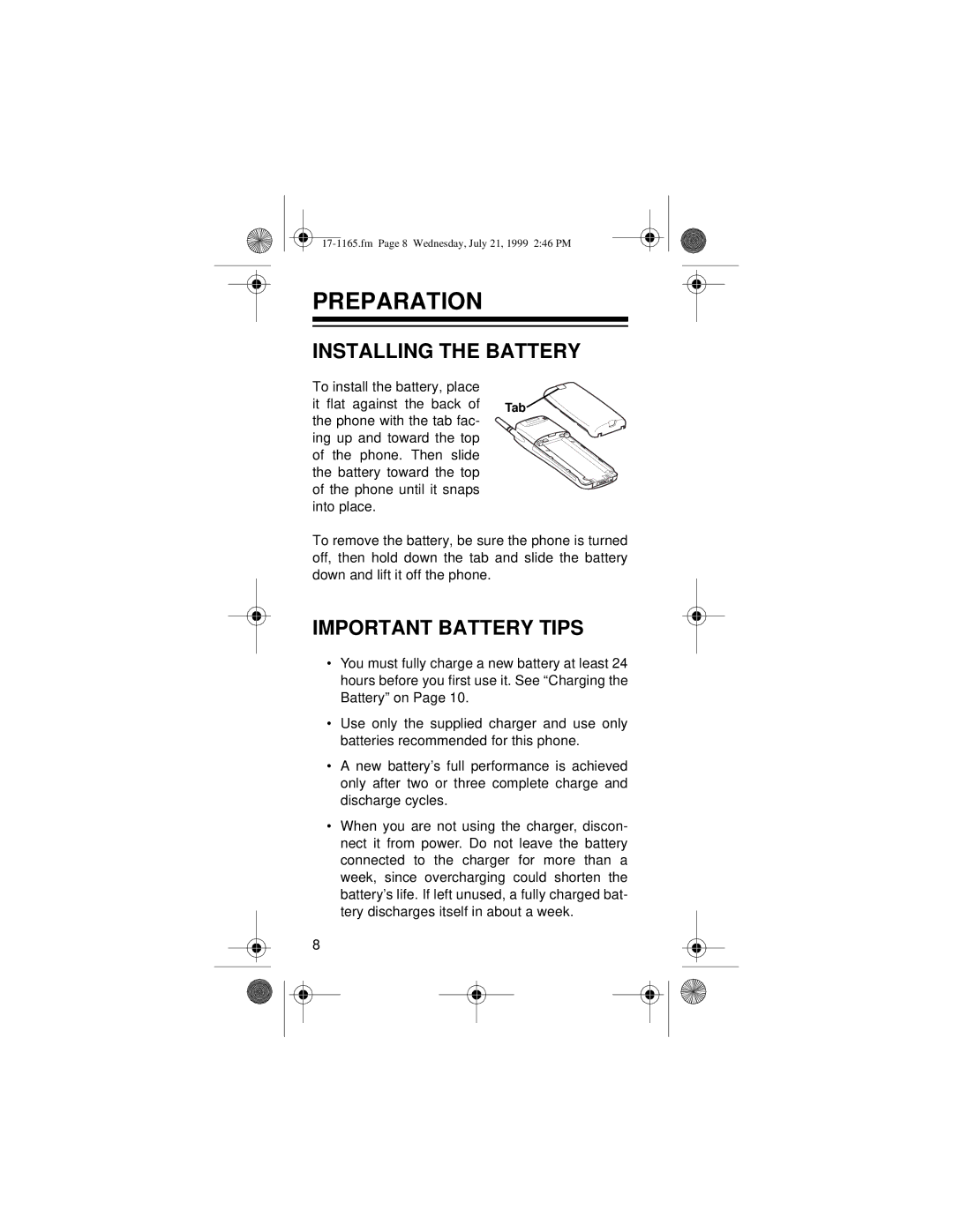 Radio Shack CT-354 owner manual Preparation, Installing the Battery, Important Battery Tips 