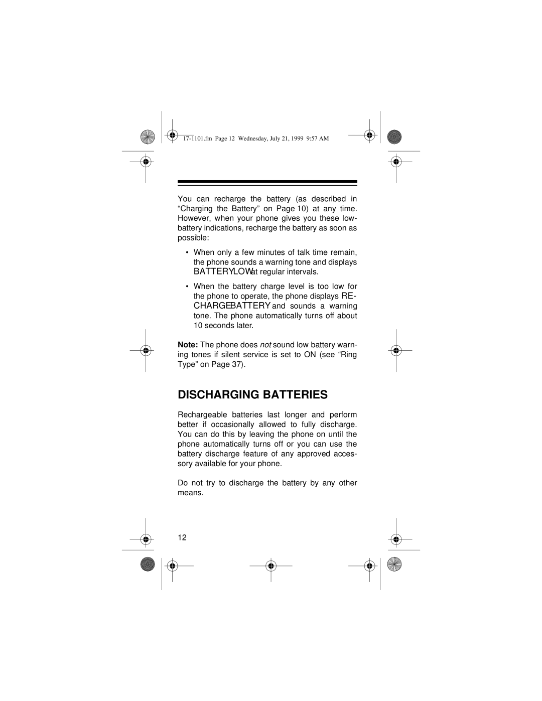 Radio Shack CT-400 owner manual Discharging Batteries 