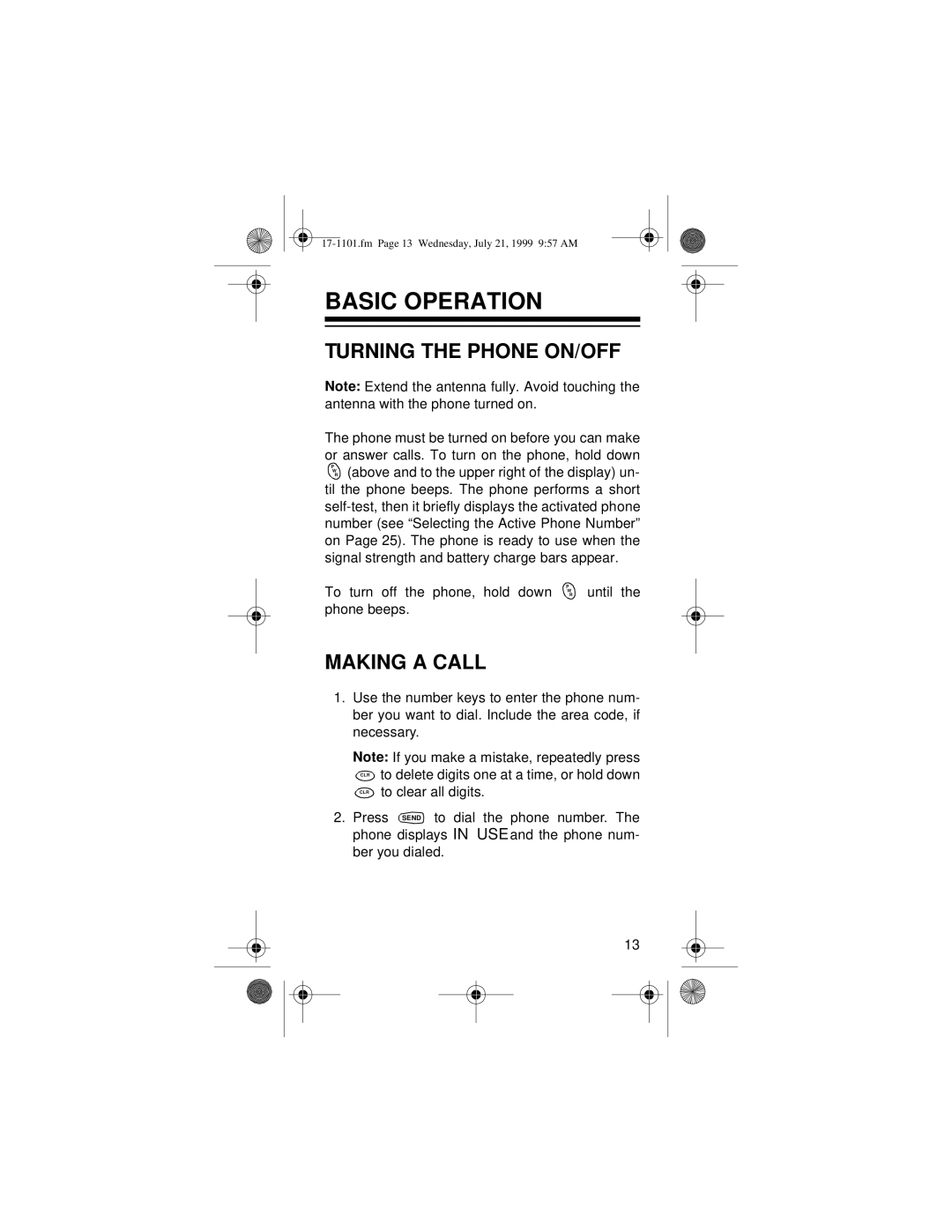 Radio Shack CT-400 owner manual Basic Operation, Turning the Phone ON/OFF, Making a Call, To clear all digits 